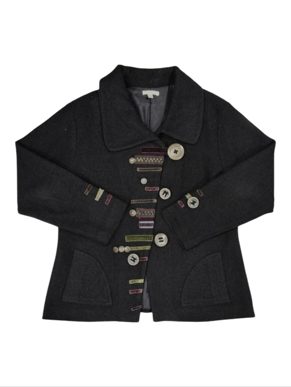 Carson~Women Wool Applique Button Jacket~Lagenlook~Black Artsy Whimsical~XL
